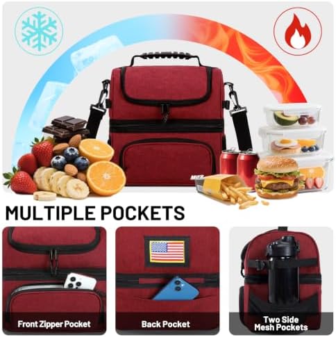 MIER Lunch Box for Men Dual Compartment Adult Lunch Bag for Work, Dark Red