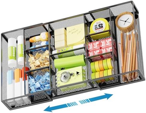 Marbrasse Expandable Desk Drawer Organizer, Mesh Drawer Organizer Tray with 10 Adjustable Compartments, Desk Organizers and Accessories for Office Supplies (Longer Expandable Drawer Organizer-B)