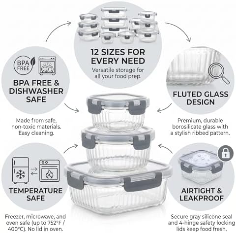 Glass Food Storage Containers with Lids, 12 Piece Glass Meal Prep Containers Set, Airtight Leakproof Snap Lock Lids, BPA-Free, Freezer Microwave Oven Dishwasher Safe, Ribbed Glass Containers