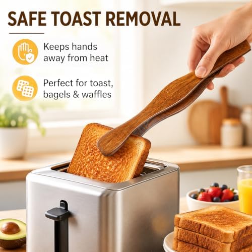4 Pieces Wooden Toast Tongs 10.4" Reusable Bread Steak Kitchen Clamp Serving Tool Natural Wood Cooking Tong for Cooking and Holding Toast Cheese Bacon Muffin Fruits Bread BBQ