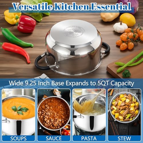 E-far 5Qt Stainless Steel Stock Pot, Tri-Ply Induction Pot with Glass Lid