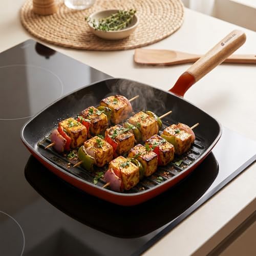 CUMIN CO. Enameled Cast Iron Grill Pan 10 Inch, 1.2 QT Grill Skillet – Non Toxic PFAS Free Cookware – Indoor Grill Pan for Steak, Chicken, Burgers & Vegetables – Induction & Oven Safe (Color: Rust)