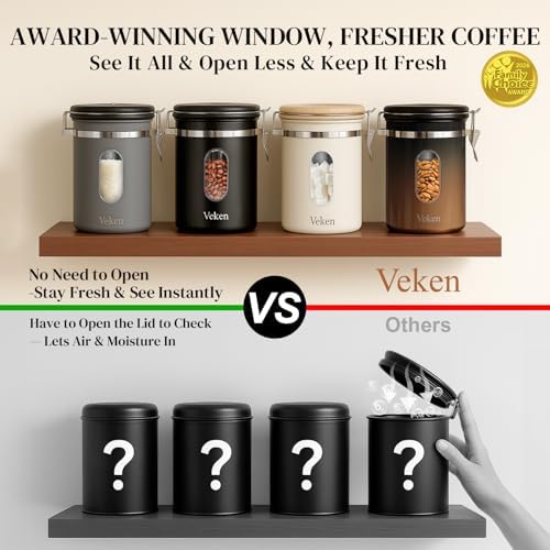 Veken Coffee Canister with Window, Airtight Stainless Steel Container, Gifts For Women, Kitchen Food Storage for Beans,Ground,Espresso,Rice,Tea, Sugar, Cereal, Lids,Jars, Scoop, Cream,22OZ (Pack of 2)