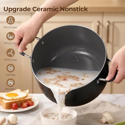 10 Quart Nonstick Stock Pot with Lid, Ceramic Soup Pot with Lid, Induction Cooking Pot with Silicone Handle for All Stoves, Healthy Non-toxic Cooking Pot for Stew/Pasta, PFAS & PFOA Free