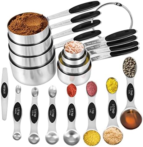 16 Pieces Measuring Cups and Magnetic Measuring Spoons Set Stainless Steel,8 Measure Cups with Silicone Handle and 7 Double Sided Magnetic Measure Spoons & 1 Leveler