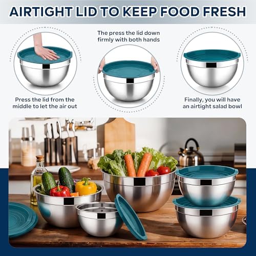 E-far Mixing Bowls with Lids Set, Stainless Steel Cooking Salad Bowls, Blue