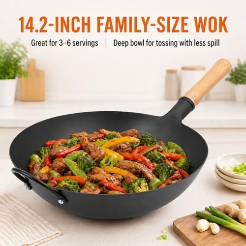 WANGYUANJI 14.2 Inch Round Bottom Carbon Steel Wok, Nitrided Iron Chinese Stir Fry Pan for Gas Wok Burner, Wok Ring Needed for Flat Gas Grates, Wooden Handle