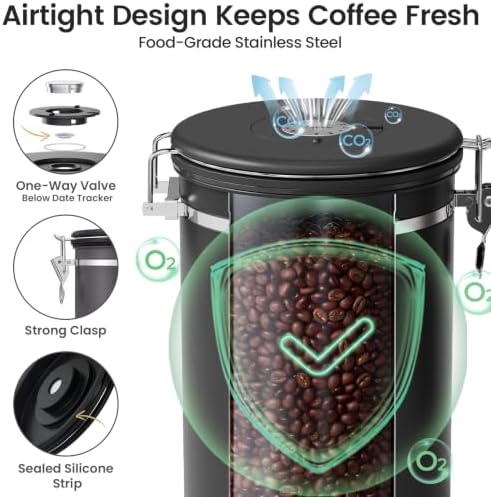 Veken Coffee Canister with Window, 39OZ Large Airtight Stainless Steel Jars