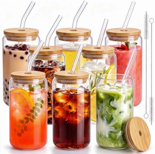 16 Oz Drinking Glasses - 8 Pcs Glass Cups with Bamboo Lids and Straws