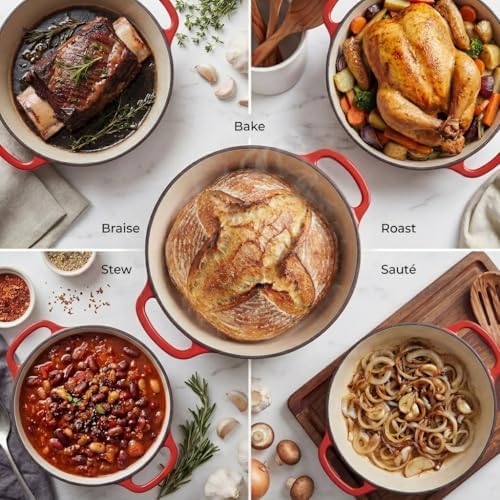 Zulay Kitchen 7.7 Quart Enameled Cast Iron Dutch Oven Pot with Lid – Premium Durability & Oven Safe up to 500°F – Heavy Duty Cookware Perfect for Bread Baking, Stews, Braising & Roasting – Ablaze Red