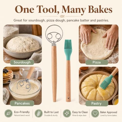Danish Dough Whisk, 13-Inch Stainless Steel with Long Wooden Handle