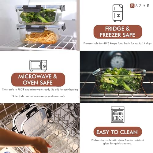 Razab 2 PC 1200ML / 41 Oz Glass Food Storage Containers with Lids - Airtight & Leakproof - Microwave/Oven/Freezer Safe - BPA Free - Ideal for Meal Prep, Storing Leftover & Lunch