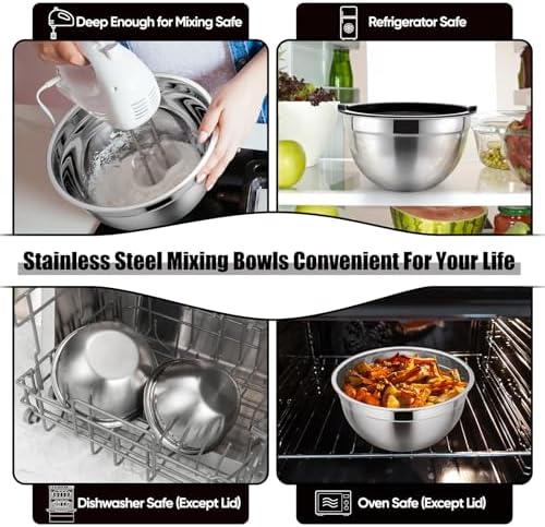 P&P CHEF Metal Mixing Bowls with Lids Set, Airtight Lids & Black