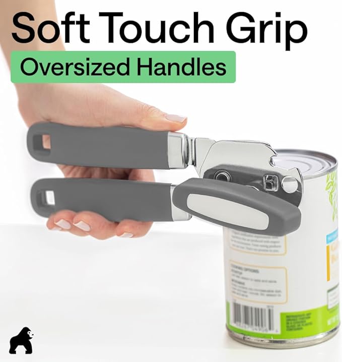 GORILLA GRIP Heavy Duty Stainless Steel Smooth Edge Manual Can Opener and Bottle Openers, Soft Comfortable Handle, Oversized Handheld Turn Knob, US Designed Multifunctional Kitchen Tool, Gray