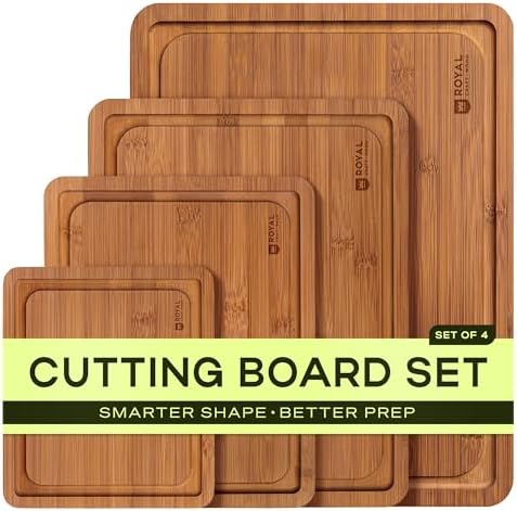 ROYAL CRAFT WOOD Wooden Cutting Boards for Kitchen Meal Prep & Serving - Bamboo Non Toxic Cutting Board Set with Deep Juice Groove Side Handles - Charcuterie & Chopping Butcher Block for Meat (4 Pcs)