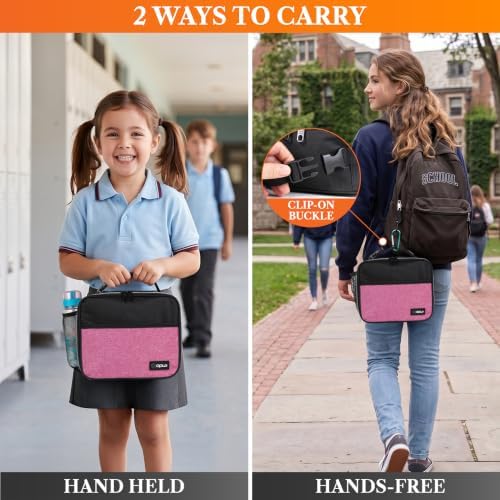 opux Insulated Lunch Bag for Kids, Reusable Lunch Box for School, Pink
