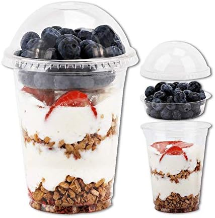 Aatriet 12 oz Clear Plastic Parfait Cups with Insert 3.25oz & Dome Lids No Hole - (50 Sets) Yogurt Fruit Parfait Cups for Kids, for Dips and Veggies, Take Away Breakfast and Snacks. No Leaking