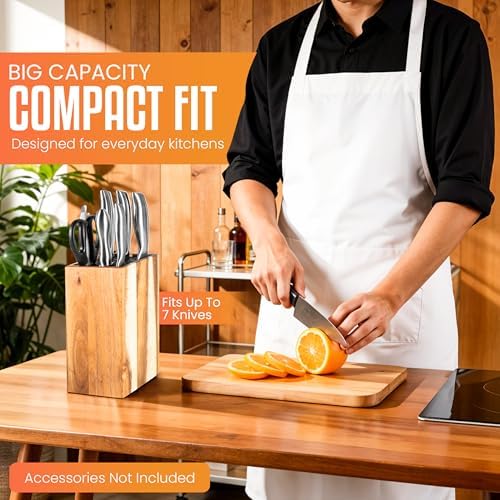 Acacia Wood Angled Knife Block with Multi-Purpose Holder – Universal Kitchen Knife Storage with Removable Bristle Insert (Honey brown, regular medium)