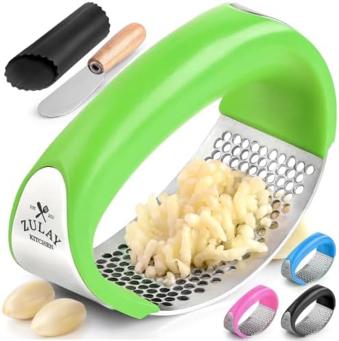 Zulay Kitchen Stainless Steel Garlic Press Rocker Set - Premium Garlic Mincer Garlic Crusher - New Innovative Garlic Crusher with Peeler and Scraper - Comfortable Grip (Green)