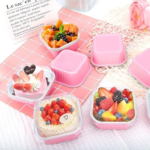 60Pack 5oz Pink Mini Cake Pans with Lids, Spoons and Stickers Baking Cups Aluminum Foil Pans Tins, Individual Dessert Cups Containers for Sales,Party,Picnics