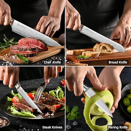 KEEMAKE 14 Pcs Kitchen Knife Set with Block, Ultra Sharp Knife Block Set