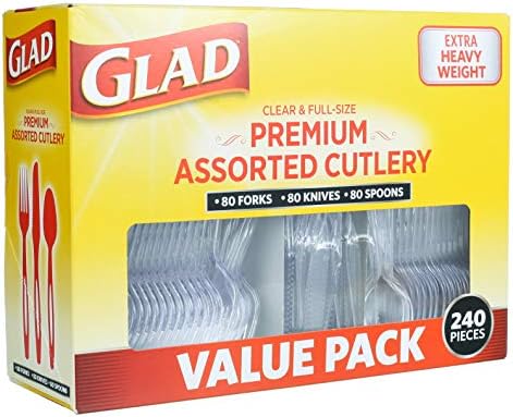 Glad Clear Disposable Cutlery Set with Heavy Duty Plastic Forks, Knives, and Spoons, Reusable Dishwasher Safe Plastic Utensils for Parties and Everyday Use, 240 Count (Pack of 6)