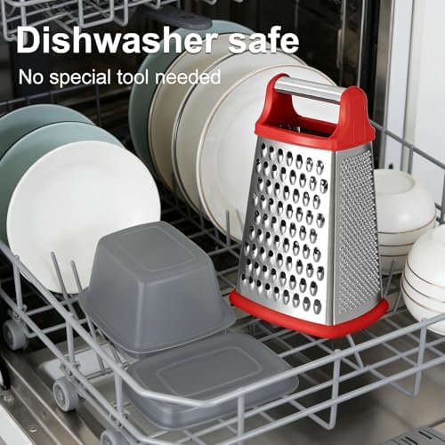 Ourokhome Cheese Grater with Handle, Stainless Steel Box Grater, 4 Side Kitchen Vegetable Shredder Slicer Zester with Container for Parmesan, Cabbage, Ginger, Lemon, Chocolate, Coconut (Red)