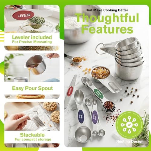 ChefAide Magnetic Measuring Cups & Spoons Set of 15 with Leveler