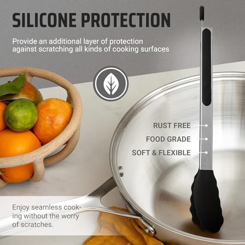Kaluns Kitchen Tongs for Cooking Grilling Set of 4, BBQ Grill Tongs With Silicone Tip Stainless Steel Heat Resistant, Non-stick Pull Lock, Incl 7, 9, 12 Inch Tong Plus a Silicone Spatula