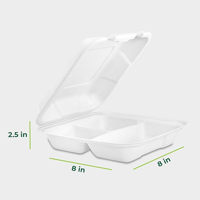 Freshware Compostable Clamshell Food Containers [8x8] 3-Compartment, Disposable - Paper Food Containers - Microwave & Freezer Safe, Stackable (Pack of 200)