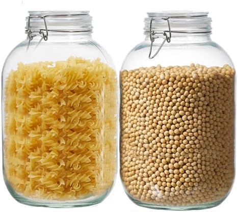 2 Pack 1 gallon Food Storage Jars with Airtight Lids, Preserving Seal Wire Clip Fastening Glass Containers, Canisters for Kitchen, Flour, Cereal, Pasta, Sugar, Beans, Pickling Jars(1 Gallon*2)