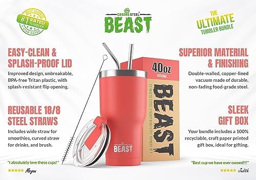 Beast 40 oz Tumbler Stainless Steel Vacuum Insulated Coffee Ice Cup Double Wall Travel Flask (Coral Pink)