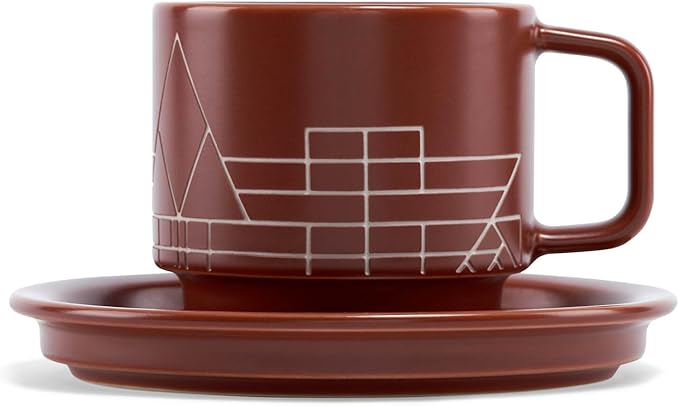 Tea Forte Terra Stoneware Teacup with Saucer, Frank Lloyd Wright, 8 oz. Stoneware Teacup for Steeping Pyramid Infusers, Dishwasher & Microwave Safe