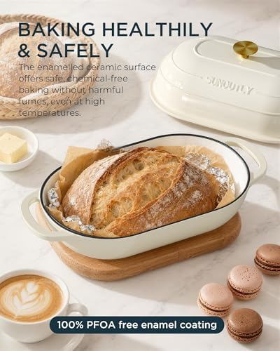 Enameled Cast Iron Bread Oven, 5QT Cast Iron Dutch Oven for Homemade Sourdough Bread Baking, Oval Bread Pot with Dome Lid & Cotton Potholders, Cream White