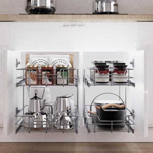 2 Tier Pull Out Cabinet Organizer 18" W X 22" D, Chromed, Full Slide Out