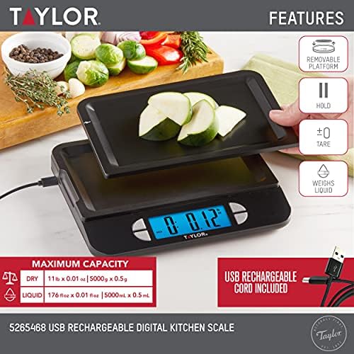 Taylor USB Rechargeable Digital Kitchen and Food Scale, 11 pound capacity with Dishwasher Safe Tray, Cord Included