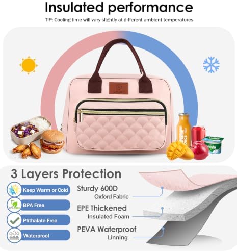 Genteen Insulated Lunch Box for Adult Women Office Work and Teen Girls School, Waterproof Leakproof Reusable Cooler Lunch Tote for Picnic Travel-Pink