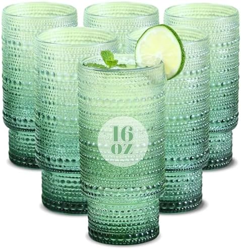 Large Capacity 16 oz Hobnail Drinking Glasses Set of 6, Vintage Glassware Drinking Glasses, Gradual Dark Green Water Glasses Tumbler, Cups for Kitchen, Juice, Beer, Cocktail, Whiskey