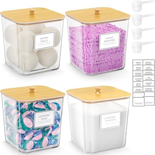 HomePekite Laundry Pods Storage Container, Clear Acrylic Laundry Room Organization and Storage ,Detergent Powder Container,with Wooden Lids & Labels, 4 Pack
