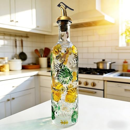 1 Pcs Olive Oil Dispenser Bottle for Kitchen,17oz Clear Glass Cooking Oil and Vinegar Dispenser Set, Coffee Syrup Dispenser with 1 Pourers and 1 Funnel (One colorful circle)