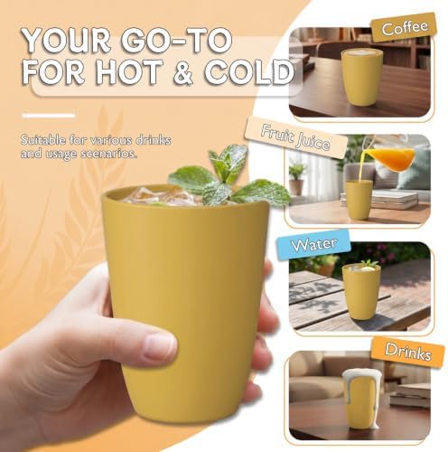 Wrova Wheat Straw Cups 6 PCS Good Alternative to Plastic Reusable Cups 12 oz Unbreakable Drinking Cup Reusable Dishwasher Safe Water Plastic Glasses Yellow