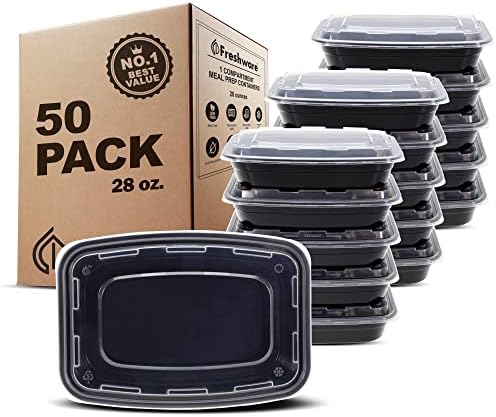 Freshware Meal Prep Containers [50 Pack] 1 Compartment with Lids, Food Storage Containers, Bento Box, BPA Free, Stackable, Microwave/Dishwasher/Freezer Safe (28 oz)