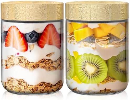 16 oz Overnight Oats Containers with Bamboo Lids, Glass Mason Jars 2 Pack
