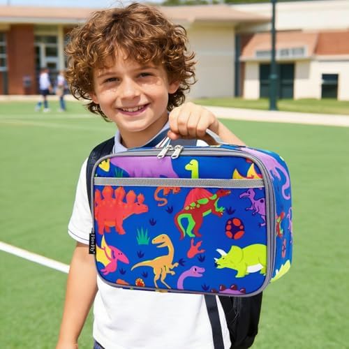 FlowFly Kids Lunch box Insulated Soft Bag Mini Cooler Back to School Thermal Meal Tote Kit for Girls, Boys, Dinosaur