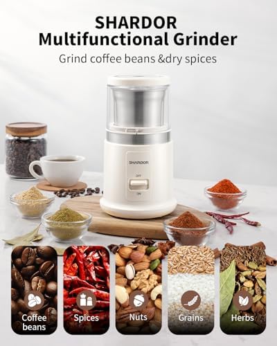 SHARDOR One Touch Coffee Grinder Electric, Spice, Herb, For Coffee Bean Spices and Seeds with 1 Removable Stainless Steel Bowl, Dry Grinder, White