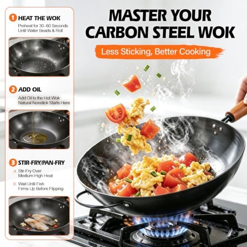 13" Carbon Steel Wok Pan & Glass Lid,Pre-Seasoned Flat Bottom Nitrided Wok