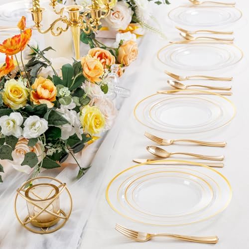 I00000 102 Pcs Clear Gold Plastic Plates, Premium Disposable Party Plates