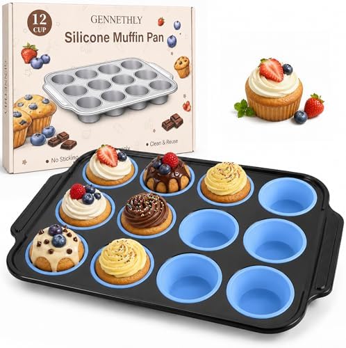Silicone Muffin Pans for Baking, 12-Cup Muffin Tin with Metal Frame