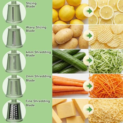 Upgrade Rotary Cheese Grater Shredder with Handle, Strong Suction Base, Multi-purpose Rotary Grater Slicer with 5 Interchangeable Blades for Ice, Vegetables, Fruit, Nuts with Blade Storage Box