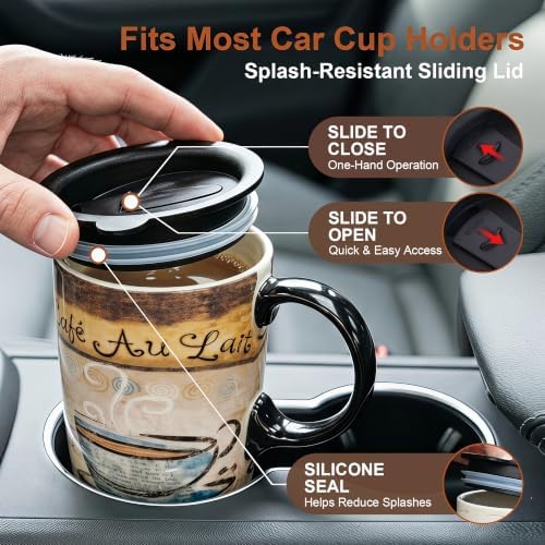 Topadorn 17oz Ceramic Travel Mug with Lid, French Café Coffee Mug with Handle, Vintage Latte Cup for Coffee Tea Cocoa, Microwave & Dishwasher Safe, Gift Box Included